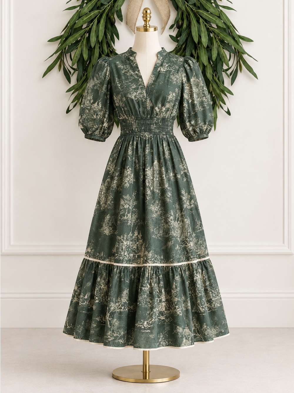 Umgee Green Ivory Toile Puff Sleeve Midi Dress Large Cottagecore Fall